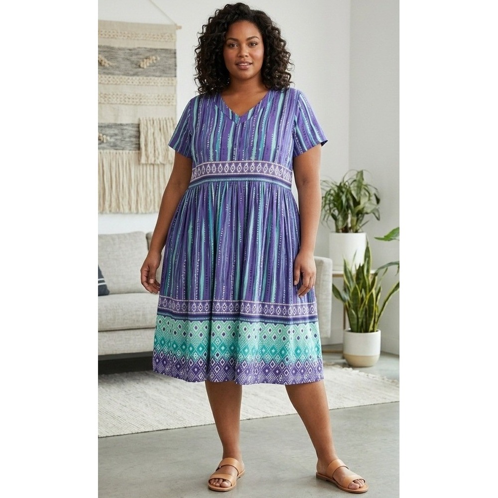 Only Necessities Dress Women 1X Purple Teal Cotton Boho Stripe Geometric Comfort